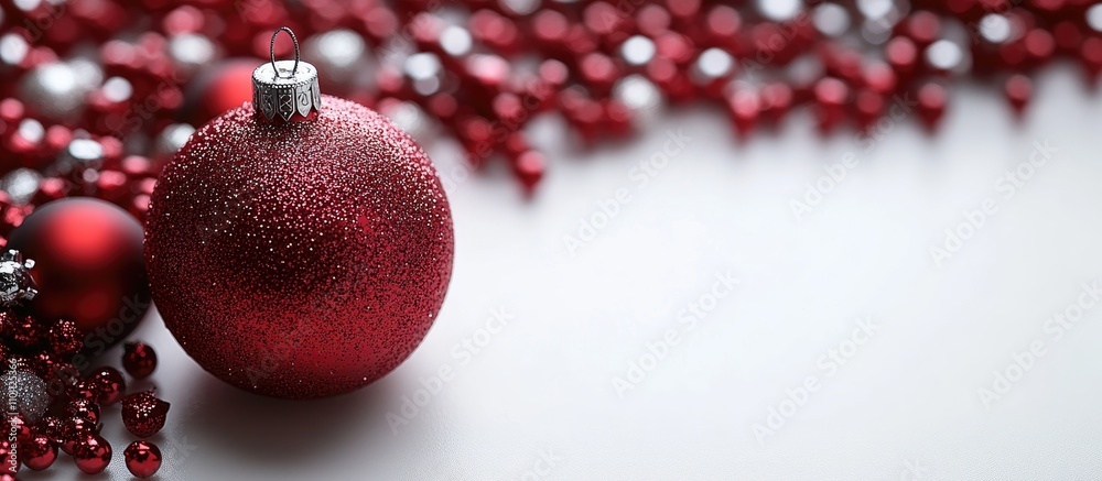 Poster red glitter christmas ornament on white background with festive beads showcasing empty space for dec