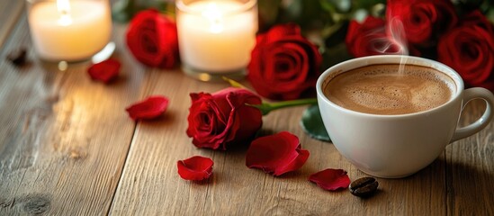 Coffee cup surrounded by red roses and candles on a wooden table creating a romantic and cozy atmosphere ideal for love and celebration themes