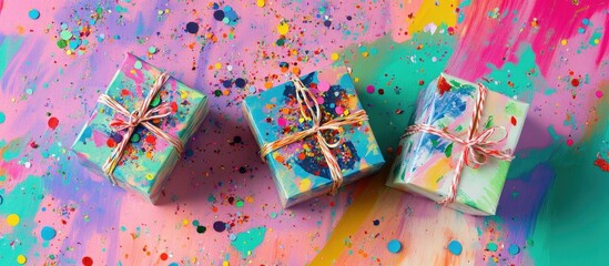Vibrant holiday flat lay with colorful gift boxes wrapped in confetti paper on an artistic splattered backdrop perfect for festive themes.