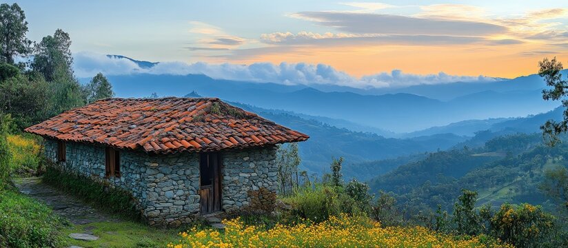 Scenic mountainside horreo with vibrant flowers at sunset in northern region showcasing traditional architecture and breathtaking landscape views