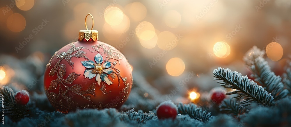 Poster festive christmas ornament on fir tree with blurred lights creating a warm holiday atmosphere and en