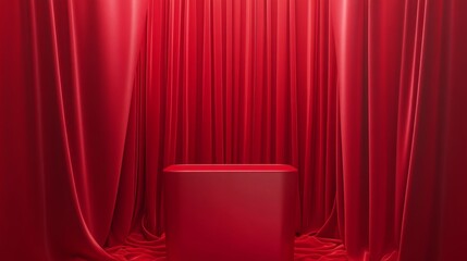 Red Drapery with Smooth Cube on Floor for Artistic Presentation