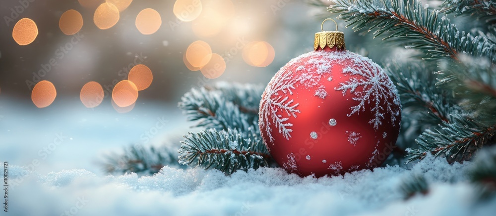 Poster Red Christmas ball nestled in snow-covered tree branches with soft bokeh lights creating a festive winter atmosphere
