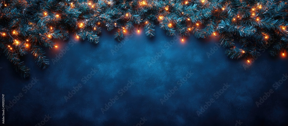 Aufkleber christmas festive flat lay background with light garland and frosted pine branches on deep blue text