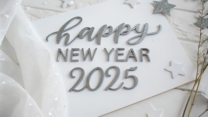 Happy New Year 2025 Silver Brush Lettering on White Background