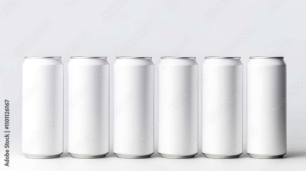 Poster Blank white cans arranged in a row on a clean backdrop ready for custom design presentations and branding mockups