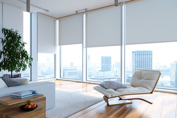 Fototapeta premium Interior of luxury living room with motorized roller blinds, solar shades and modern glass window