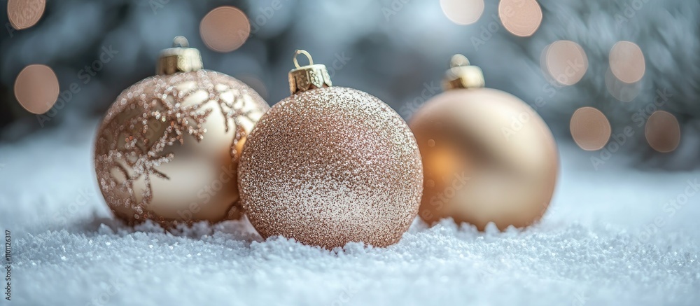 Poster Vintage style Christmas ornaments on a snowy background with soft focus bokeh lighting creating a festive atmosphere for holiday decor.