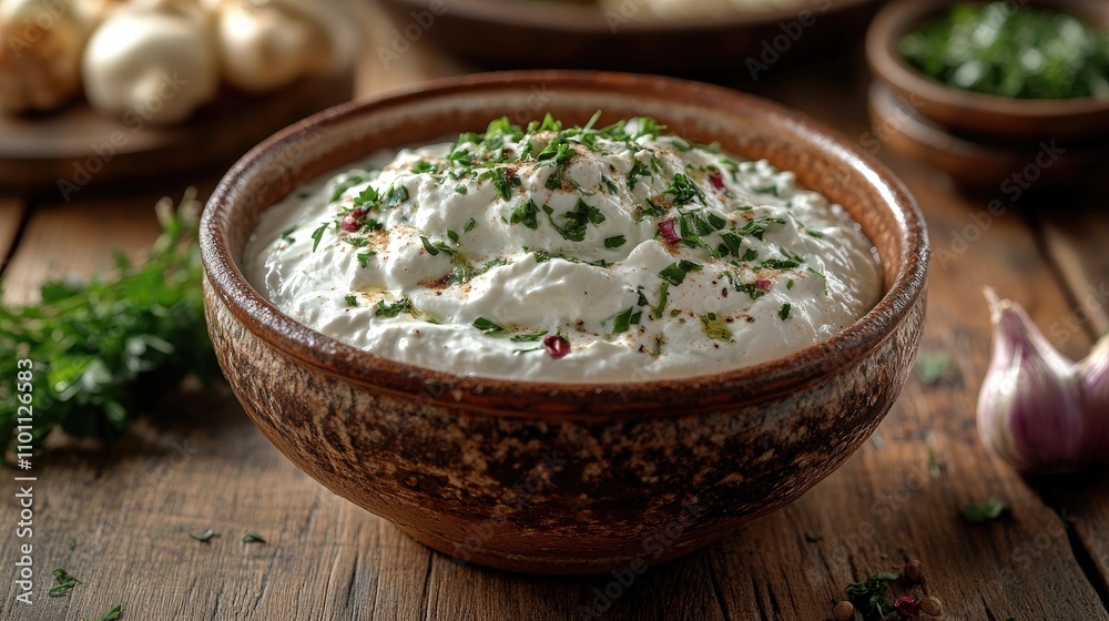 Poster fresh sour cream dip with herbs in a rustic ceramic bowl on wooden table with garlic and mushrooms i