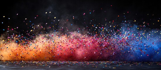 Vibrant explosion of colorful confetti creating a festive atmosphere against a dark background for celebrations and joyous events
