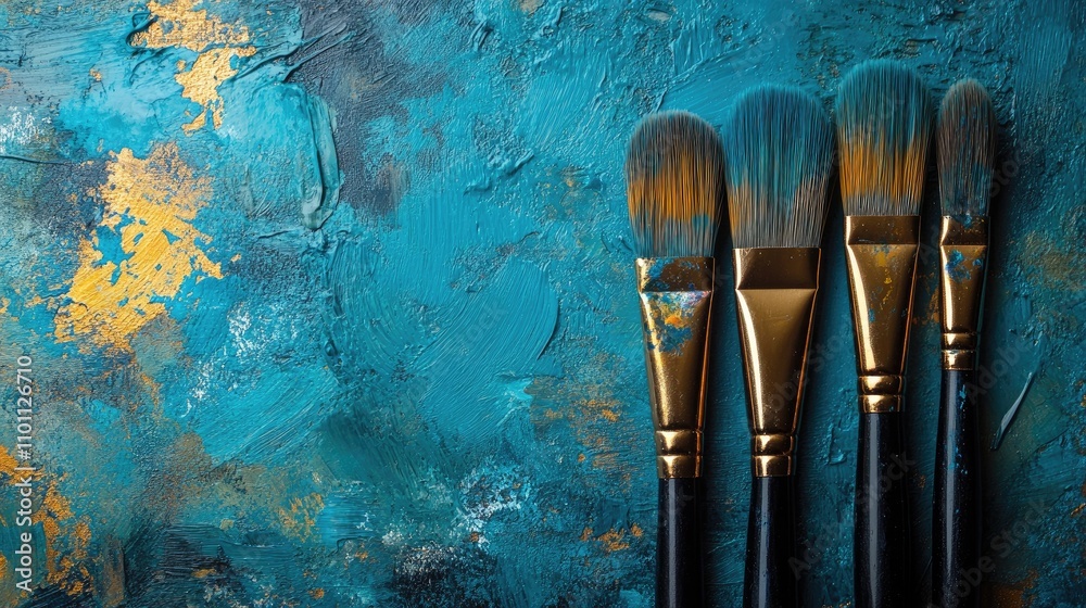 Poster Artistic paintbrushes on textured turquoise background ideal for creative projects and artistic inspiration.