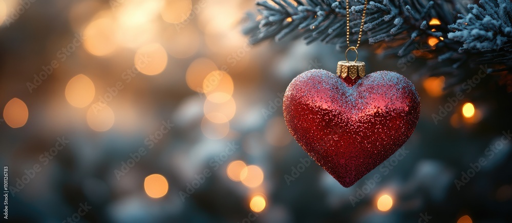 Aufkleber Bronze red heart shaped Christmas ornament hanging on tree branch with blurred bokeh lights in background creating a festive atmosphere