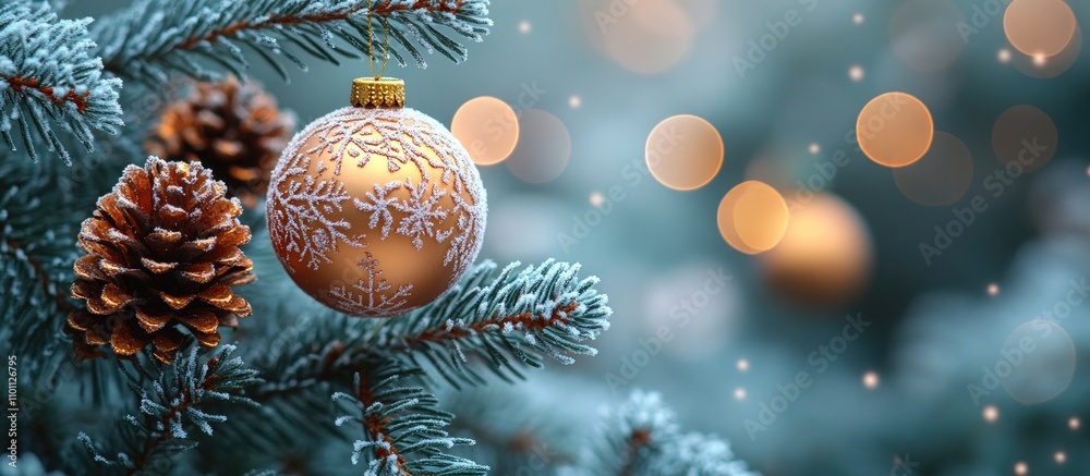 Poster frosty fir tree adorned with a golden christmas ball and pine cones creating a magical winter holida