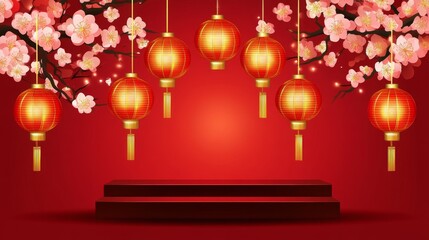 Red Background with Lanterns and Cherry Blossom for Festive Decor
