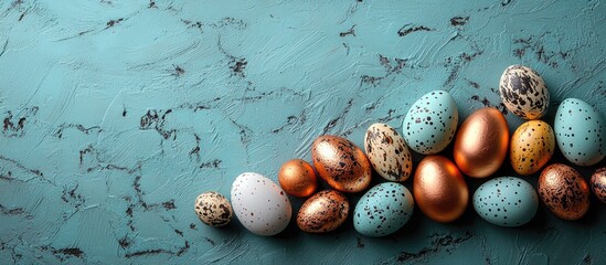 Easter holiday backdrop with decorative copper and quail eggs on a textured turquoise background featuring ample copy space for text