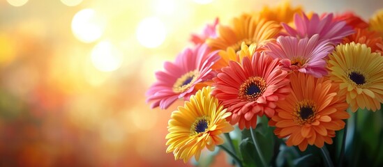Vibrant bouquet of fresh cut gerbera daisies in soft focus highlighting colorful petals against a warm bokeh background