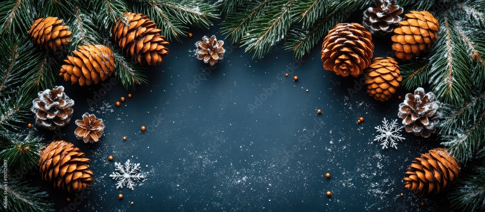 Poster christmas and new year typography on dark festive backdrop with pinecones snowflakes and evergreen b