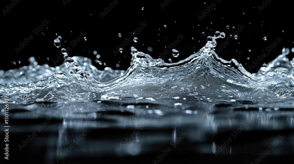 Poster Dynamic water splash with droplets creating a captivating wave effect on a dark background for striking visuals and artistic compositions.