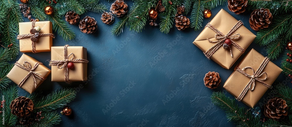 Poster christmas gift boxes arranged on a grey background with fir branches pinecones and a blank tag for p