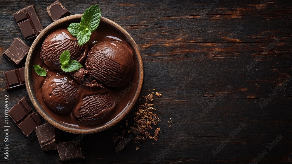 Aufkleber delicious chocolate ice cream bowl on wooden table with mint garnish and chocolate pieces overhead v