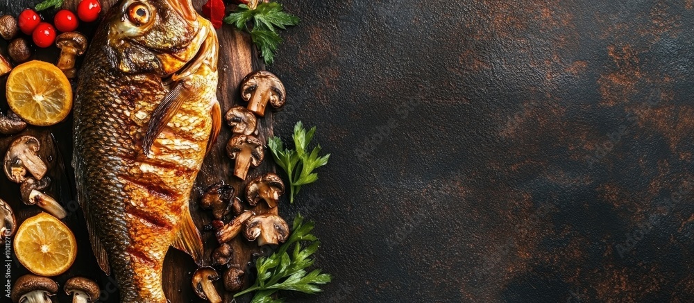 Poster Roasted whole carp with mushrooms and vegetables on a dark background for festive culinary concepts with space for text