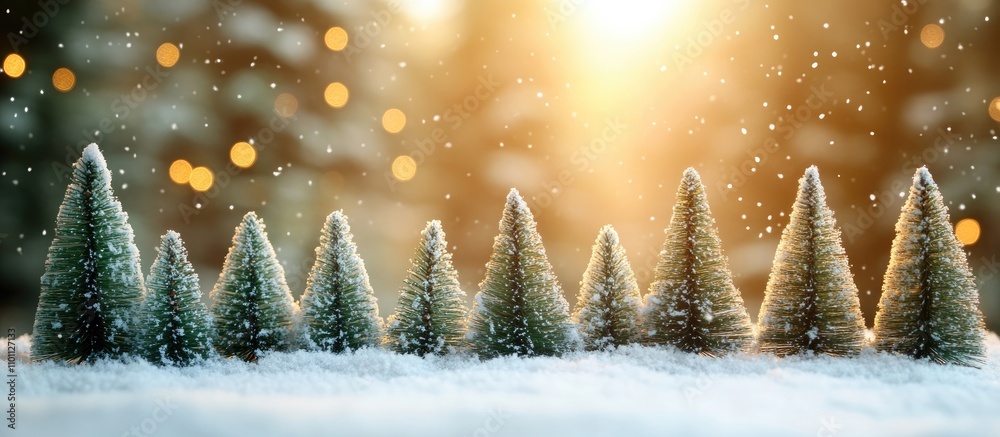 Poster holiday scene with green bottle brush christmas trees dusting of snow bokeh background festive atmos