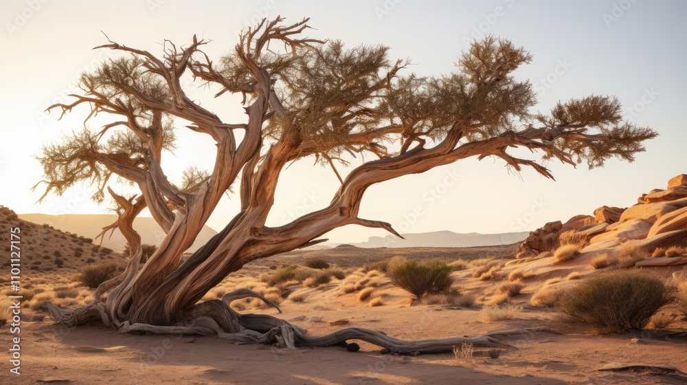 Poster juniper tree branches in a desert landscape under daylight with a serene natural backdrop showcasing