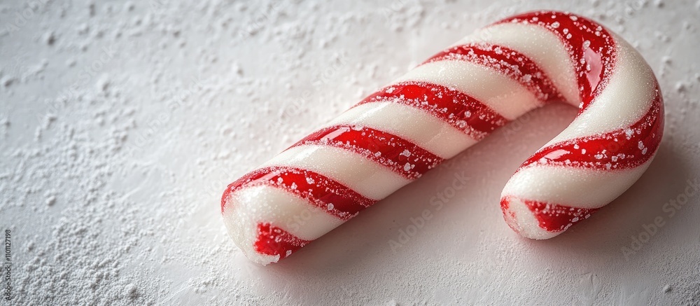 Poster Mint flavored candy cane on a textured white surface with ample space for festive holiday text and design elements.