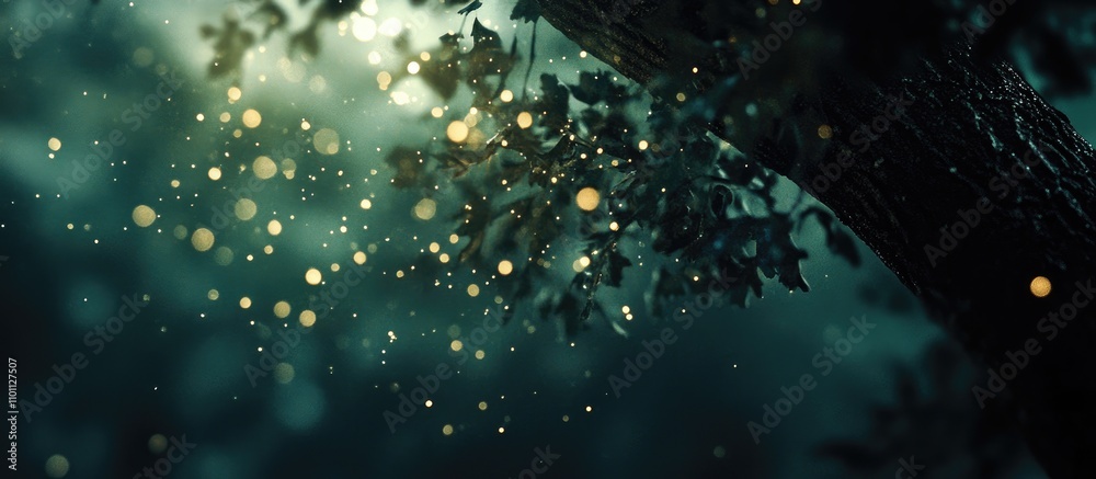 Fototapete Mystical forest background with blurred light filtering through tree branches and magical bokeh effect sparkling in the air.