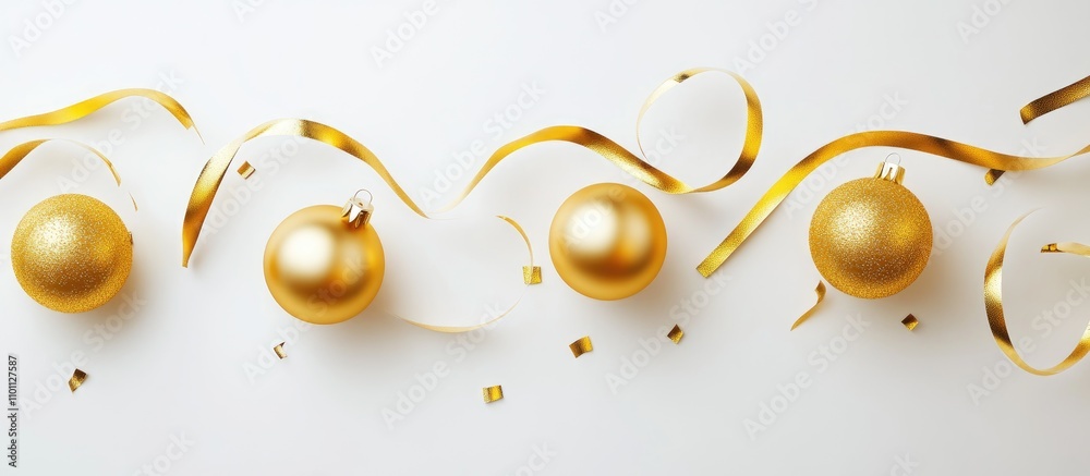 Poster golden christmas ornaments with decorative ribbons and confetti on a white background creating a fes