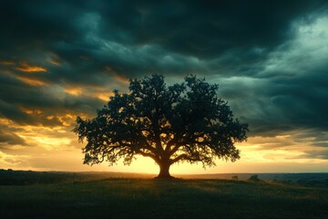 Obraz premium A lone tree stands tall against a dramatic sunset sky with stormy clouds.