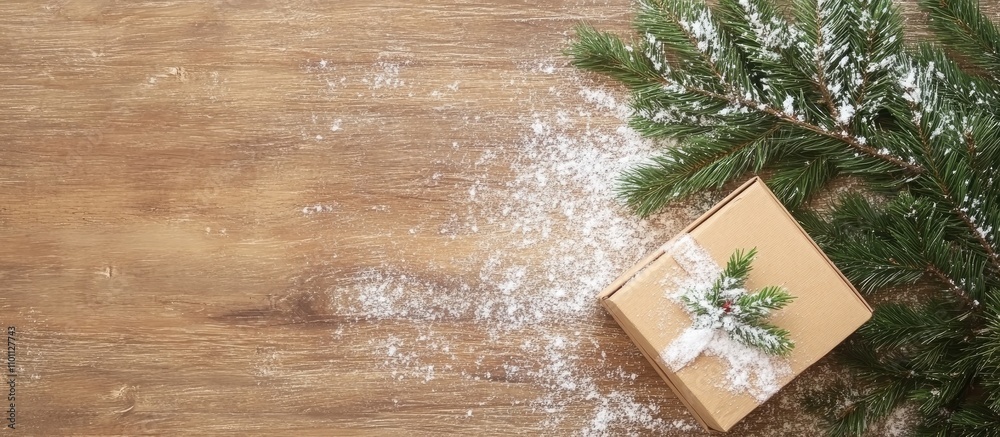 Poster christmas decor box with snowy fir tree branch on wooden surface creating a festive backdrop for hol