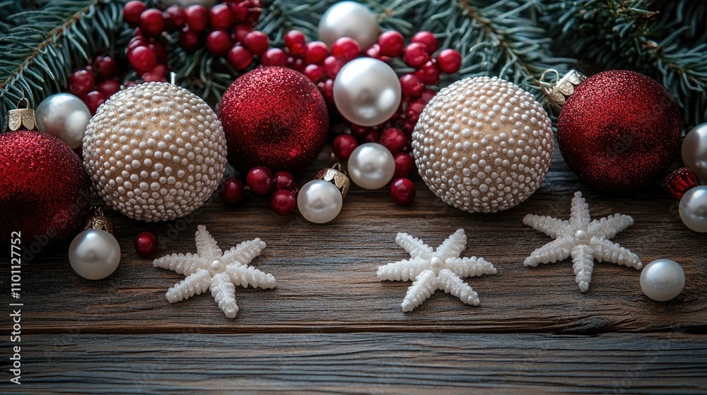 Aufkleber christmas decoration with pearls and stars on wooden background creating a festive atmosphere and fe