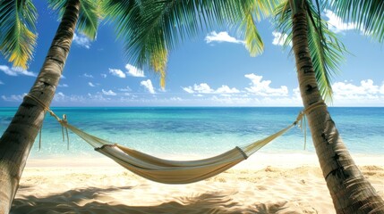 Fototapeta premium Tranquil Beach Scene with Hammock Between Palm Trees and Ocean View