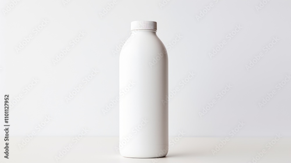Poster blank white plastic bottle with smooth surface standing on a white backdrop for minimalist product p