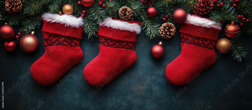 Aufkleber festive red christmas stockings adorned with white fur and surrounded by ornaments and pine branches