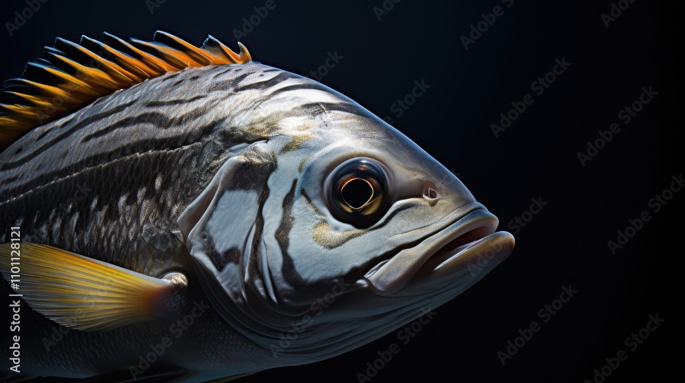 Aufkleber detailed close-up view of a vibrant fish showcasing intricate patterns and textures against a dark b