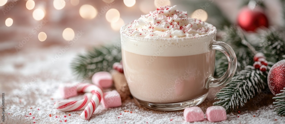 Aufkleber Festive cappuccino topped with marshmallows and surrounded by candy canes and fir branches on a rustic background with soft bokeh lights