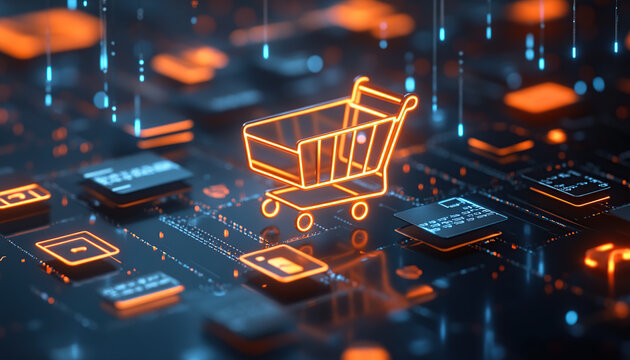 3D glowing shopping cart icon on a technology background