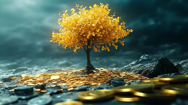 Golden flowers surrounded by piles of money and gold in a tranquil landscape with seasonal changes in autumn and spring.