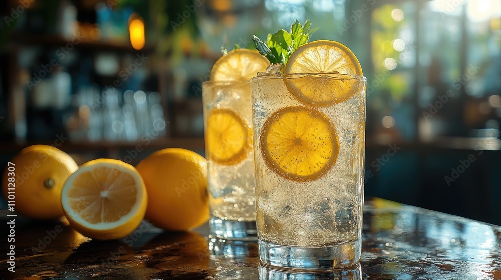 Poster refreshing chilled lemonade in tall glasses garnished with lemon slices and mint on a rustic wooden 