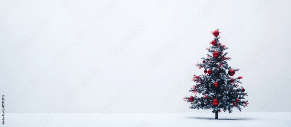 Poster christmas tree with red ornaments on a white snowy background space for your custom text and holiday
