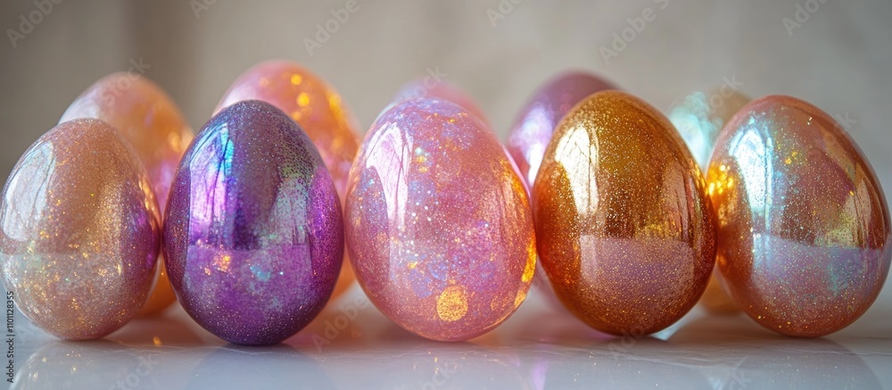Poster shimmering pastel egg shapes arranged on a white surface creating a festive and vibrant spring decor