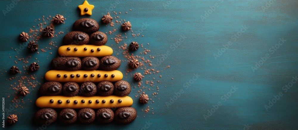 Poster chocolate biscuits creatively arranged as a festive christmas tree on a vibrant teal background with