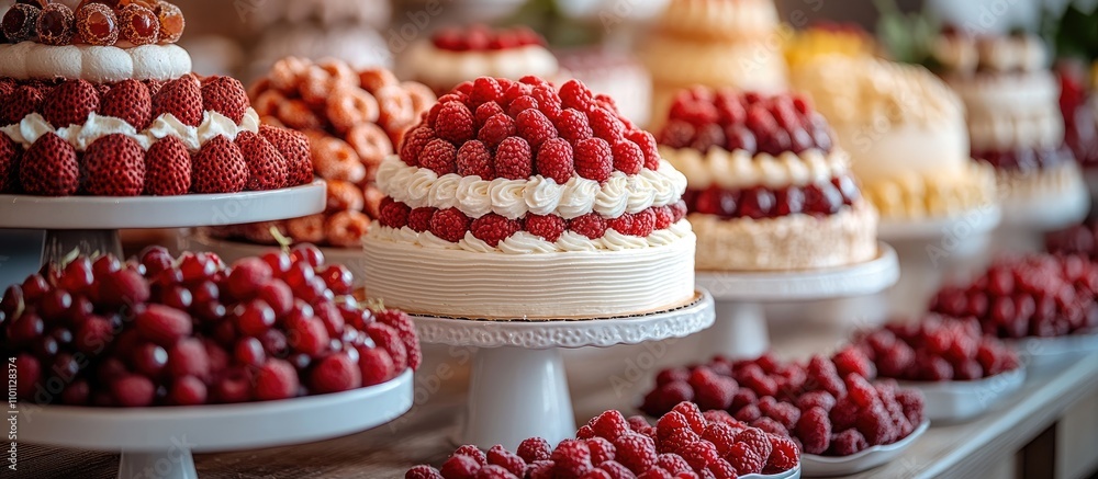 Poster dessert table featuring an elegant display of mini cakes fruits and sweets with raspberries arranged