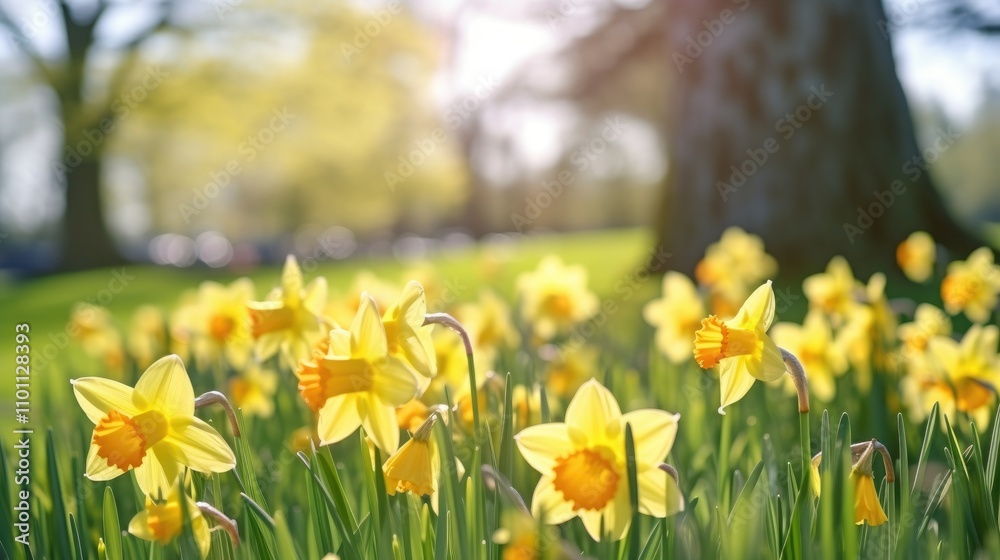 Aufkleber blooming yellow daffodils in a sunlit garden with a blurred background showcasing vibrant spring col