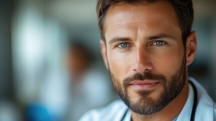 Naklejka premium Young male doctor with beard and blue eyes in a professional setting against a blurred background showcasing healthcare and professionalism.