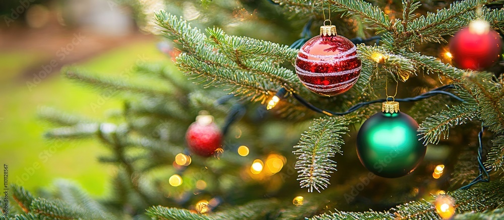 Aufkleber Christmas tree close up with colorful ornaments and beautiful bokeh background creating a festive holiday atmosphere.
