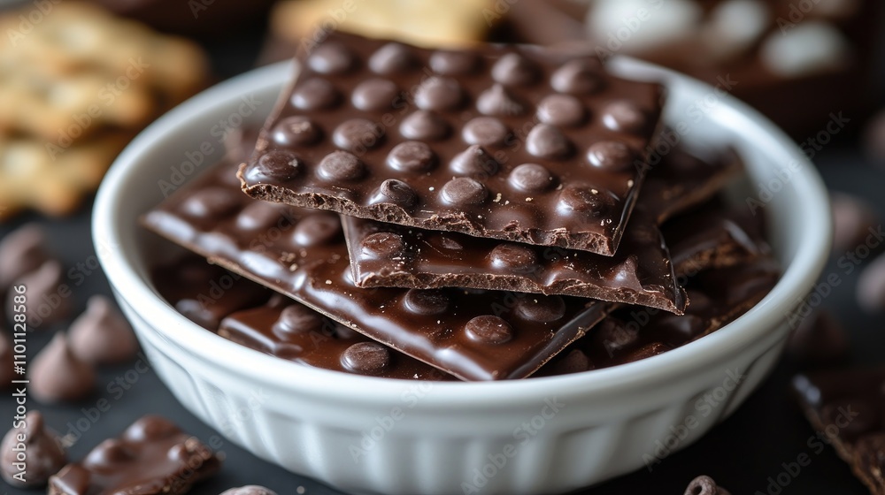 Poster chocolate crackers arranged in a white bowl with assorted chocolate treats on a dark surface for a d