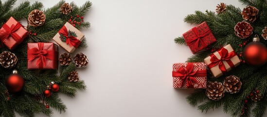 Christmas greeting card backdrop with decorated tree branches and gift boxes on a white background creating space for personalized text.